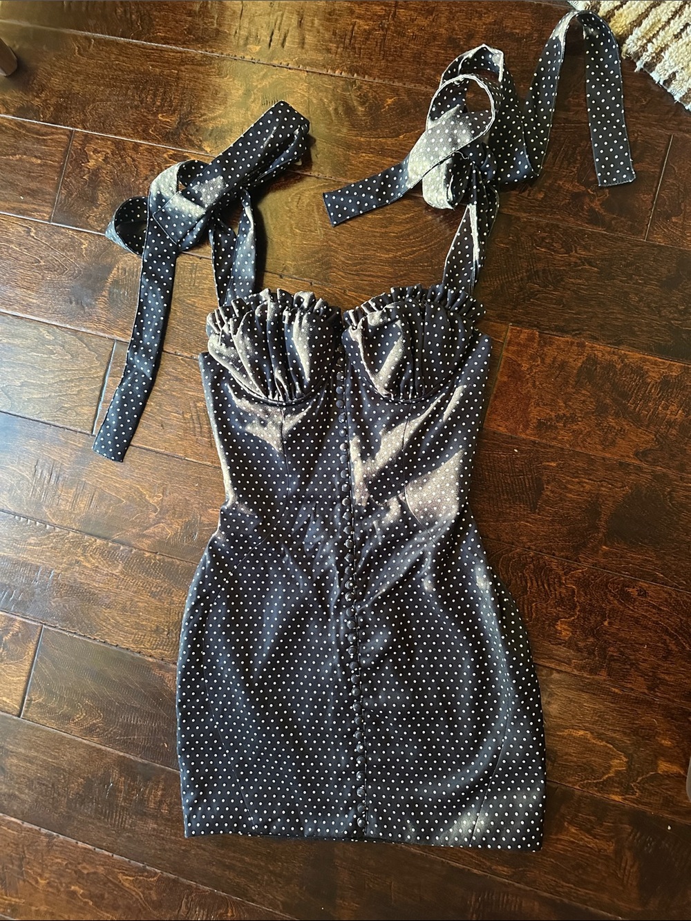 Polka Dot Mini Dress with Tie Straps - Black